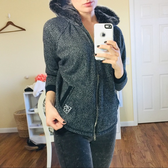 DKNY Grey Thick Fur Hooded Zip Jacket | S - Picture 2 of 8